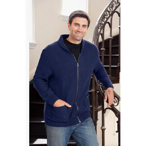 Gioberti Mens Milano Knit Sweater Large Blue 100% Cotton Full Zip Pockets Camp